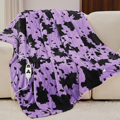 Purple Heated Electric Blanket Throw,50X60 Highland Cow Print Heating Blanket with 10 Heats Levels & 8 Hours Auto Off,Highland Cow Decor Fleece Sherpa Blankets Warmer Gifts for Women Adults Washable