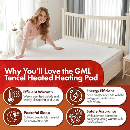GML Premium Tencel Triple-Layer Heated Mattress Pad, Machine Washable, 15-Hour Auto Shut-Off, 5 Heat Settings, Timer, Smart Controller, Electric Mattress Pad & Bed Warmer - Queen Size, 71x55