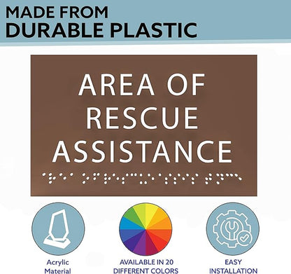 6" X4" Area of Rescue Assistance Sign- Tactile Graphics Grade 2 Braille Text ADA Compliant Sign |ADA Compliant Plastic Signs for Schools, Offices, Businesses, Apartments & Restaurants
