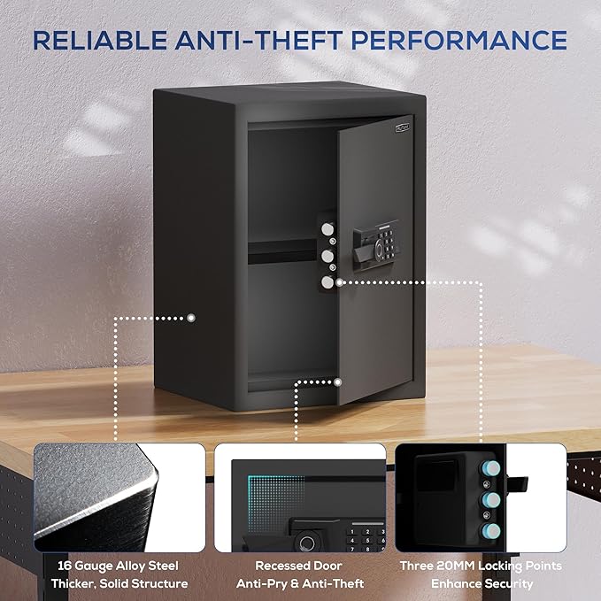 2.0 Cub Biometric Safe Box with Fireproof Bag, Quick-Access Fingerprint with Keys, Digital Keyboard, Type-C Port, Dual Alarm System Safety Box for Home, Office, Hotel Use(Black)