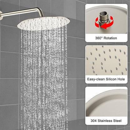 Shower Faucet Set 10IN Brass Rough-In Valve Body Trim Kit Rainfall Included Handle Accessories Complete 2 Functions with Rain Head and Handheld Bathroom Systems (10'', Brushed Nickel)