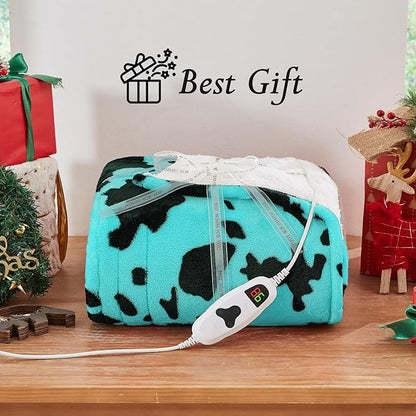 Cow Print Electric Heated Blanket Queen Size,84X90 Green Heating Blanket Queen With Dual Control&Timer&10 Heat Levels,Highland Cow Decor Fleece Sherpa Blankets Warmer Gifts for Bed Women Adults