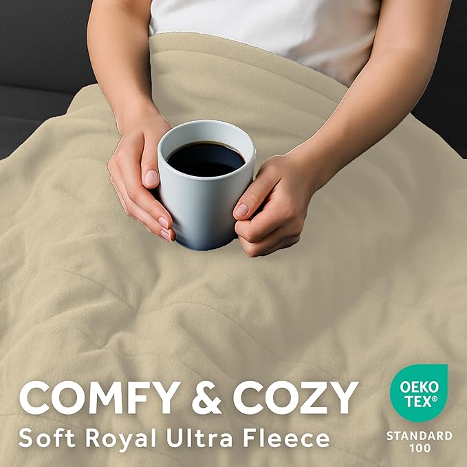 Sunbeam Royal Ultra Fleece Heated Electric Blanket King Size, 90" x 100", 12 Heat Settings, 12-Hour Auto Shut-Off, Machine Washable, Pebble Beige