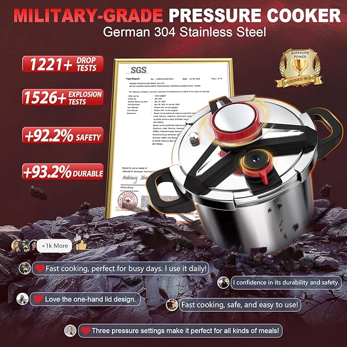 3-In-1 Stainless Steel Pressure Cooker 6.3 Quart: [Save 70% Time] [3 PSI Settings], One-Hand Locking, Induction Compatible, Glass Lid & Steamer Rack Included, Olla de Presion