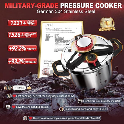 3-In-1 304 Stainless Steel Pressure Cooker 10 QT: [Explosion-Proof] [3 PSI Settings], One-Hand Locking, Induction Compatible, Glass Lid & Steamer Rack Included, Olla de Presion