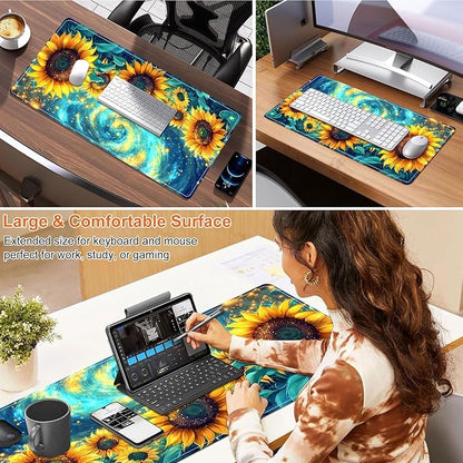 Small Heated Desk Pad 23.6" x 14.2" – Compact Electric Mouse Pad with 3 Heating Levels, Auto Shut-Off, Waterproof PU Surface, Plug-in Warmer for Office or Home Use, Starry Sunflowers