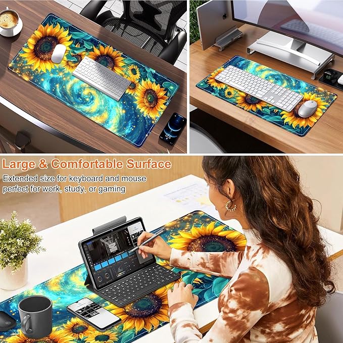 Heated Mouse Pad for Desk 31.5" x 13" – PU Leather Warm Desk Pad with 3 Heat Levels (104°F/113°F/122°F), Plug-in Electric Heating Mat with Auto Shut-Off, Waterproof & Rollable, Starry Sunflowers