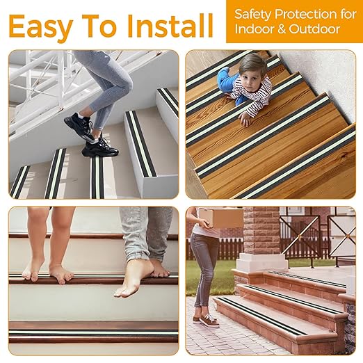 Anti Slip Traction Tape with Glow in Dark Green Stripe, 2 Inch x 16 Feet Waterproof Grip Tape, High Friction Abrasive Adhesive Non Slip Tape for Indoor and Outdoor Stairs, Black