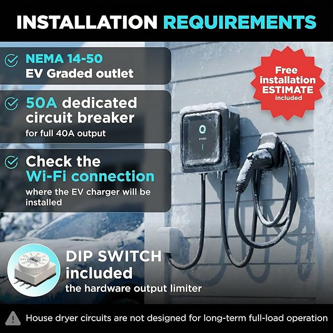 EVIQO Level 2 EV Charger 40 Amp - 9.6 kW 240V Wall Home EV Charger Level 2, NEMA 14-50 Plug, J1772 25' Cable - Enhanced Wi-Fi – UL, ETL Certified EVSE, Smart Electric Vehicle Charging Stations – GEN 2