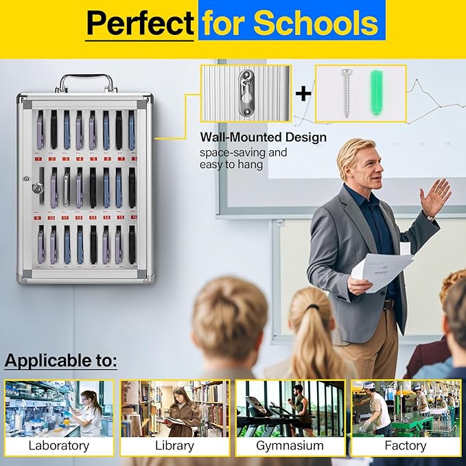 24-Slot Cell Phone Locker - Storage Cabinet for Classroom, Wall Mount Organizer With Key, Aluminum Pocket Chart for Offices, Schools and Factories