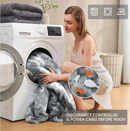 Electric Heated Blanket 84"x90",Luxury Grey Faux Fur Electric Queen Blanket,Fast Heating Soft Fluffy Thick Electric Blanket with 6 Heating Levels & 12H Auto Off