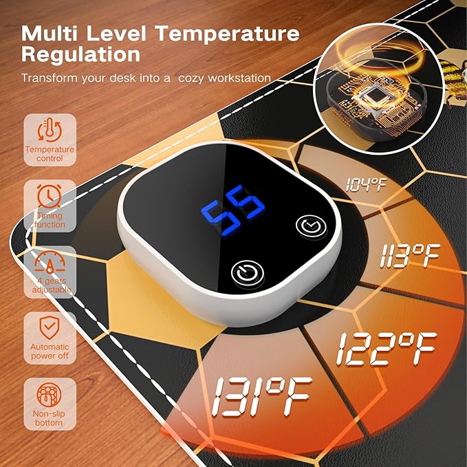 iCasso Heated Mouse Pad, XL Big Desk Pad with 4 Heating Levels & 4 Auto Shut-Off Levels for Computer Keyboard, 31.5" x 13" Large Safe Desk Mat Hand Warmer for Home Office Work (Honeycomb)
