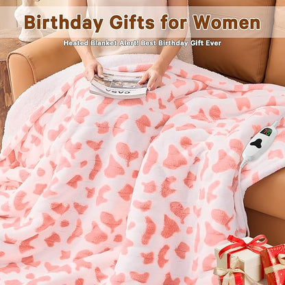 Cow Print Heated Electric Blanket Twin,62X84 Pink Heating Blanket with 10 Heats Levels & 8 Hours Auto Off,Cute Cow Decor Fleece Sherpa Blankets Warmer Gifts for Women Couch Office,Washable