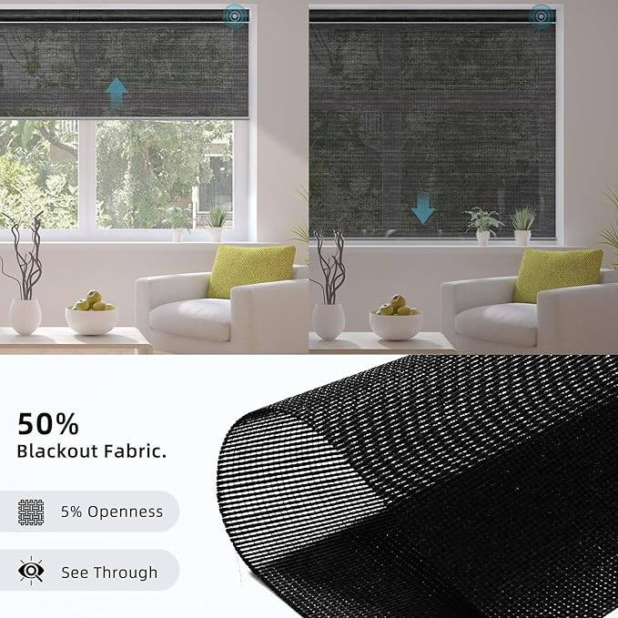 SmartWings Motorized Smart Blinds for Windows in Light Filtering, Electric Remote Roller Shades Compatible with Alexa/Google Home/Homekit, Custom Up to 110”W x 148”H, 5% Openness PVC Free Black