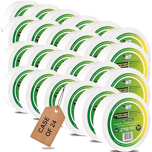 Wow Gaffers Tape 2 Inch White - 50 Yards (Case of 24), Residue Free, Non-Reflective & Heavy-Duty - Professional Grade Gaff Tape - Ideal for Photography Backdrop, Cables, Cords & Floor Taping