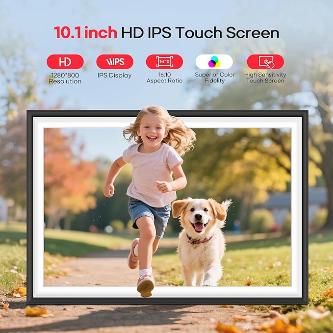Frameo 10.1" WiFi Digital Picture Frame with 32GB Memory, 1280 x 800 IPS HD Touch Screen Electronic Photo Frame, Auto-Rotate, Slideshow, Wall Mountable, Share Photos/Video Remotely Anywhere