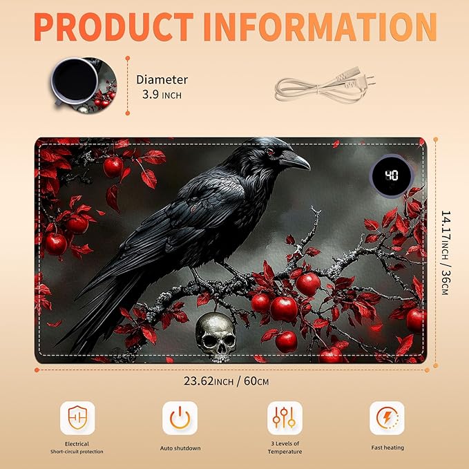 Heated Mouse Pad 23.6 x 14 in 3-Temp Fast Heating Desk Mat with Auto Timer Warmer for Hands Wrist Pain Relief Waterproof Keyboard Mat for Office, Gaming, Home, Raven Red Berries