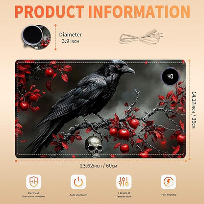 Heated Mouse Pad 23.6 x 14 in 3-Temp Fast Heating Desk Mat with Auto Timer Warmer for Hands Wrist Pain Relief Waterproof Keyboard Mat for Office, Gaming, Home, Raven Red Berries