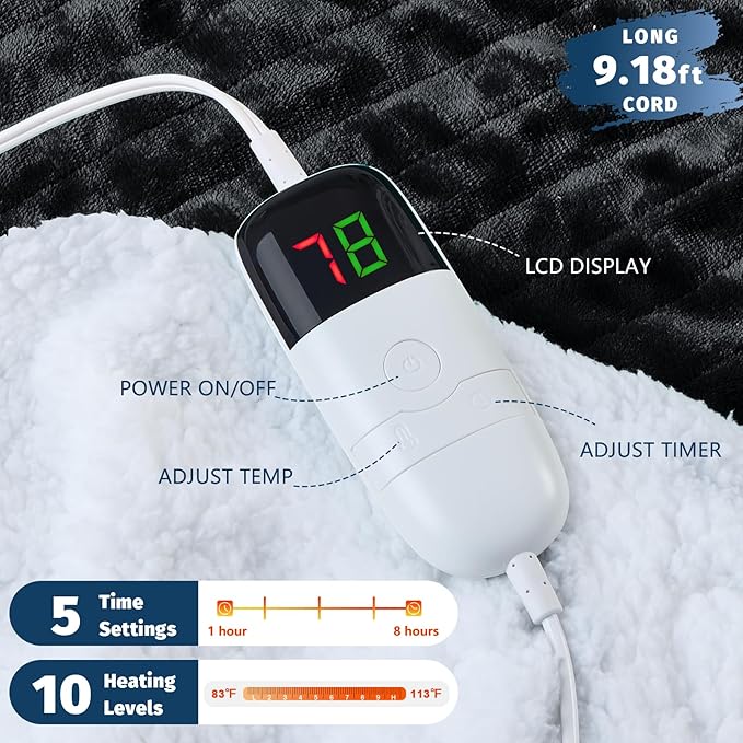 BOMOVA Heated Electric Blanket Twin - 62" x 84" Heating Blanket with 10 Heating Levels & 8 Hours Auto Off, Warm Flannel Blanket, Christmas Birthday Gifts for Women