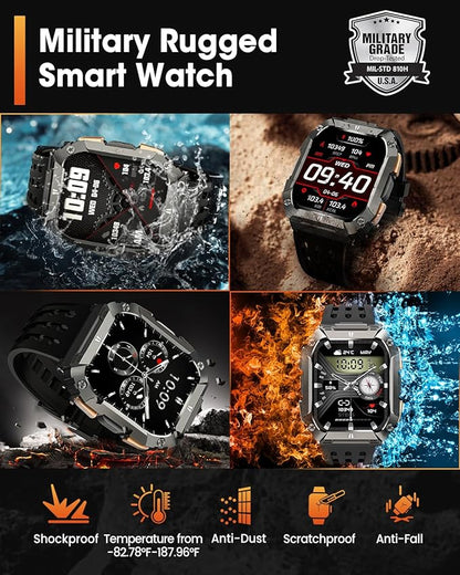 Smart Watches for Men, Military Smart Watch with 100 Days Battery/LED Flashlight, 1.95'' Fitness Watch with Heart Rate/ Sleep Monitor/100+ Sports Mode, 5 ATM Rugged Smartwatch for Android and iPhone