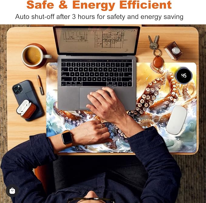 Small Heated Desk Pad 23.6" x 14.2" – Compact Electric Mouse Pad with 3 Heating Levels, Auto Shut-Off, Waterproof PU Surface, Plug-in Warmer for Office or Home Use, Ocean Octopus