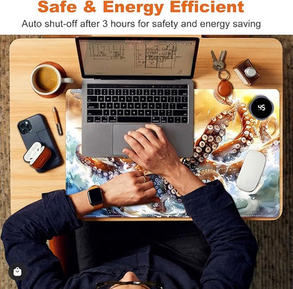 Small Heated Desk Pad 23.6" x 14.2" – Compact Electric Mouse Pad with 3 Heating Levels, Auto Shut-Off, Waterproof PU Surface, Plug-in Warmer for Office or Home Use, Ocean Octopus