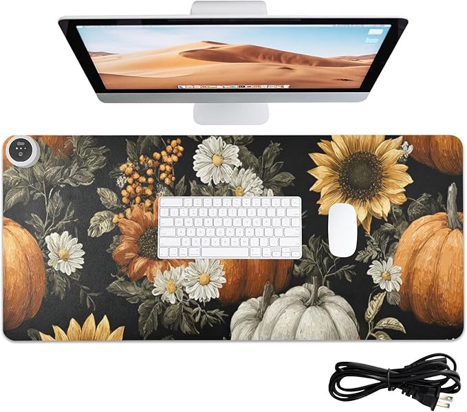 Heated Desk Pad Mouse Pad 31.5x13 Inch PU Leather Desk Mat with 3 Heat Levels Large Mouse Gaming Computer Laptop Mat Black Pumpkins Sunflowers Daisy