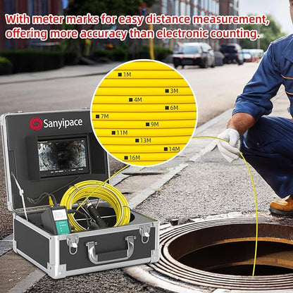 Sanyipace Self-Leveling Sewer Camera 165FT/50M, Drain Camera with 512Hz Transmitter, Pipe Plumbing Camera with Meter Marks, IP68 Waterproof Camera Probe, 9" HD Color Screen, 16GB TF Card
