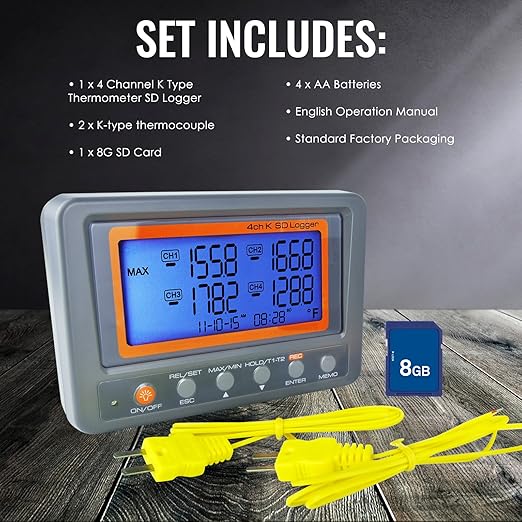 Digital 4 Channel K Type Thermocouple Thermometer Recorder with 8G SD Card Programmable Temperature Data Logger with Alarm Function Thermocouple Reader K Type Thermometer with 2 Thermocouples Probe