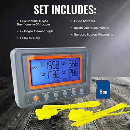Digital 4 Channel K Type Thermocouple Thermometer Recorder with 8G SD Card Programmable Temperature Data Logger with Alarm Function Thermocouple Reader K Type Thermometer with 2 Thermocouples Probe