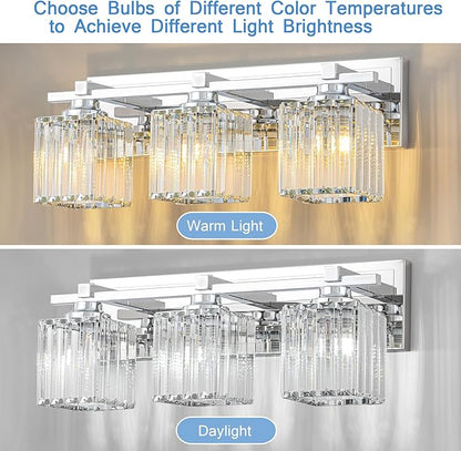 Crystal Bathroom Light Fixtures, 3 Light Chrome Vanity Lighting Over Mirror with Crystal Shades, Modern Bathroom Vanity Light for Restroom, Bath, Cabinet and Powder Room