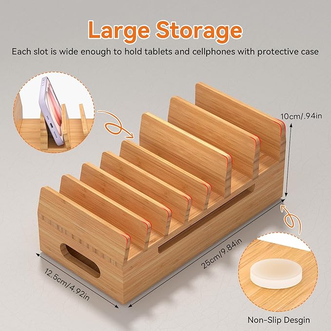 Pezin & Hulin Bamboo Charging Station with Watch Stand, Docking Holder for Multi Device with 5 Port USB Charger HUB, 5 Charge Cables, Desktop Electronic Organizer for Cellphone, Tablet, Watch