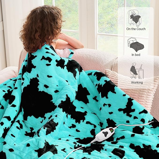 Cow Print Heated Electric Blanket Twin Size,62X84 Green Heating Blanket with 10 Heats Levels & 8 Hours Auto Off,Highland Cow Fleece Sherpa Blankets Warmer Gifts for Women Adults Couch,Washable