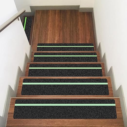 10 Pack 4” x 30” Anti Slip Traction Treads with Glow in The Dark Stripe, Outdoor Waterproof Non Skid Pre-Cut Tape with Roller, High Traction Friction Abrasive Adhesive for Stairs Step