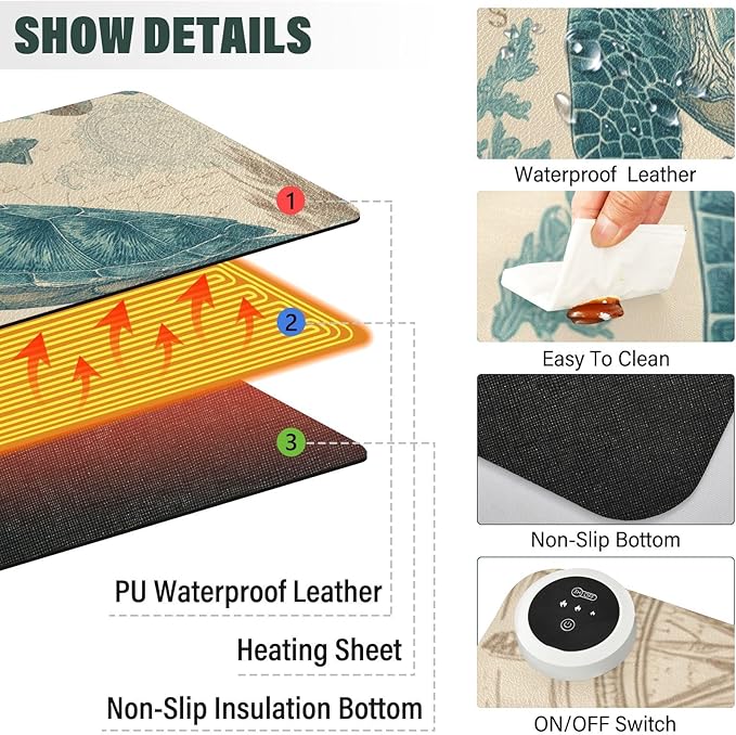 Heated Desk Pad Mouse Pad 31.5x13 Inch PU Leather Desk Mat with 3 Heat Levels Large Mouse Gaming Computer Laptop Mat Retro Sea Turtle Compass