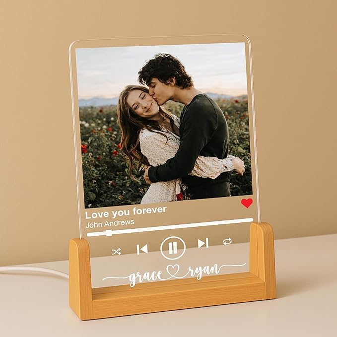 NAZENTI Personalized Couple Photo Frame with Light, Custom Picture Plaque with Stand, Couple Music Song Night Light, Gift for Him, Valentine Day Gifts for Girlfriend Boyfriend