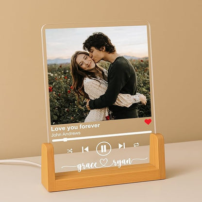 NAZENTI Personalized Couple Photo Frame with Light, Custom Picture Plaque with Stand, Couple Music Song Night Light, Gift for Him, Valentine Day Gifts for Girlfriend Boyfriend
