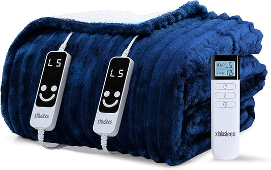 Heated Blanket Electric Blanket 90"x90", Soft Flannel Sherpa Electric Throw with 5 Heating Level & 12 Times Setting, Heated Throw with Overheating Protection, Machine Washable (Navy Blue)