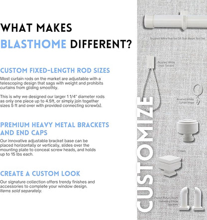 BlastHome® Non-Adjustable Luxury Curtain Rods for Windows, 1 ¼” Rod Set, 4 foot Fixed Length, Brushed White