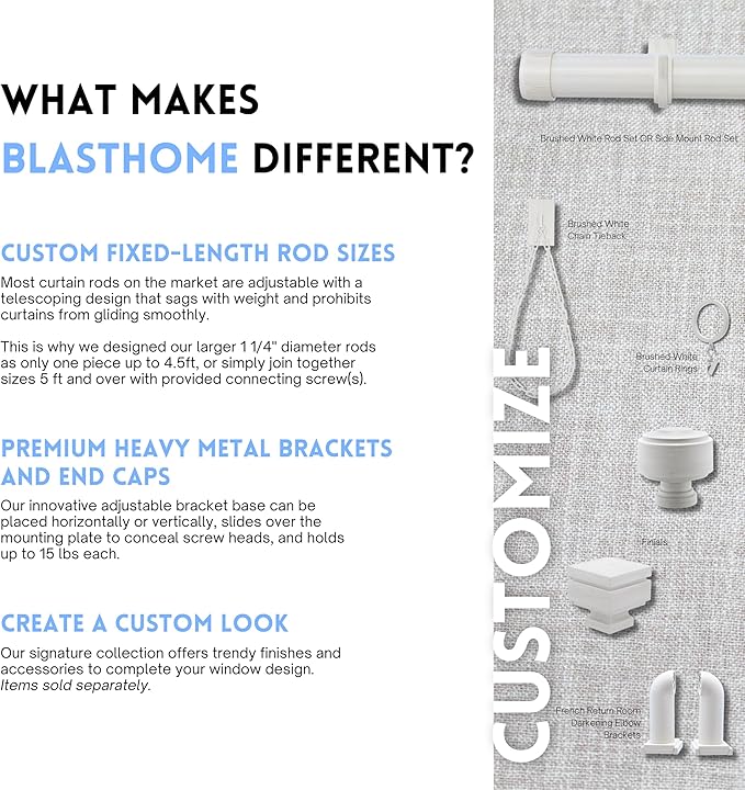 BlastHome® Non-Adjustable Luxury Curtain Rods for Windows, 1 ¼” Rod Set, 11 foot Fixed Length (Three Rods Connect for a Seamless Look), Brushed White