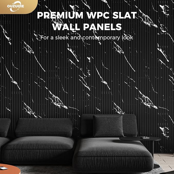 OUZUGIE WPC Acoustic Slat Wall Paneling, 8-Pack 96 x 6 Inches 3D Wall Panels for Interior Wall Decor,Living Room,TV Background,Study Room,Office Spaces,Bedroom,Low Grille (Black Marble-1)