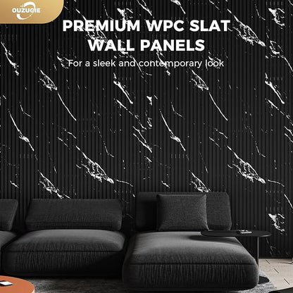 OUZUGIE WPC Acoustic Slat Wall Paneling, 8-Pack 96 x 6 Inches 3D Wall Panels for Interior Wall Decor,Living Room,TV Background,Study Room,Office Spaces,Bedroom,Low Grille (Black Marble-1)