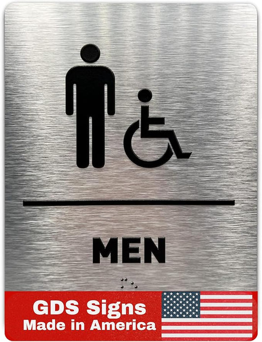 Men/Wheelchair Bathroom Sign by GDS - ADA Compliant, Wheelchair Accessible, Raised Icons, & Grade 2 Braille - Includes Adhesive Strips for Easy Installation - Bathroom Signs for Business, Restroom Sign, Restroom Signs for Business - 6" W x 8" H (Brushe...