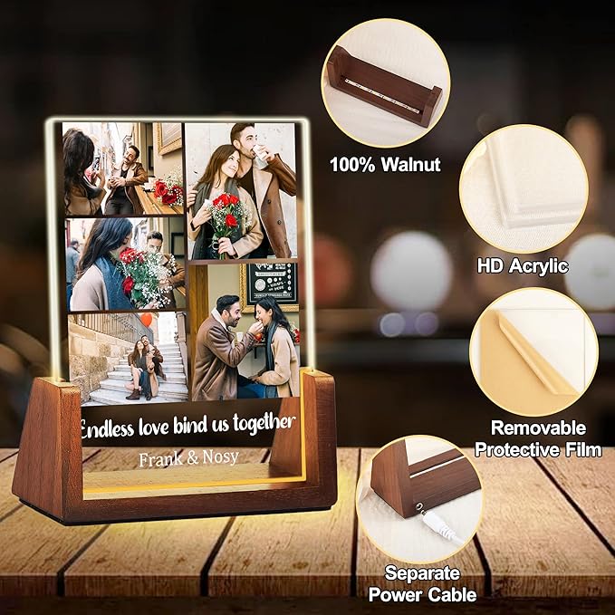 Personalized Couple Birthday Gifts For Boyfriend Girlfriend Women Men, Custom Light Up Picture Frame Acrylic Plaque With Photo Name, Anniversary Christmas Gifts For Husband Wife Him Her