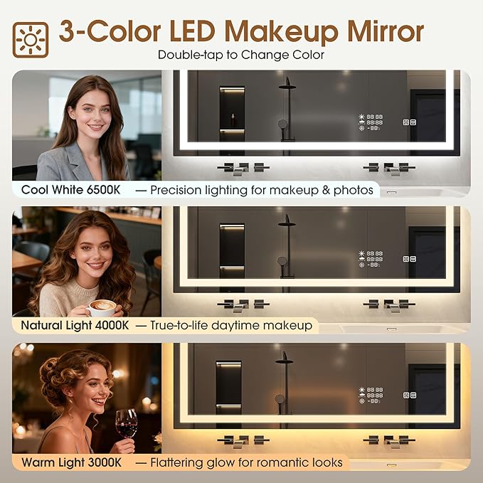 STARLEAD 40"x28" LED-Bathroom-Mirror-with-Lights, Wall-Mounted with Clock, Anti-Fog, 3 Color Temperature, Dimmable Brightness, Waterproof, Tempered Glass, Frontlit & Backlit
