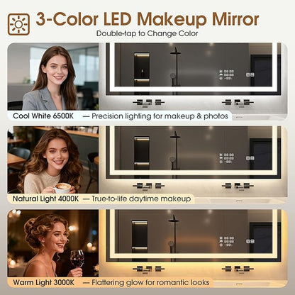 STARLEAD 28"x36" LED-Bathroom-Mirror-with-Lights, Wall-Mounted with Clock, Anti-Fog, 3 Color Temperature, Dimmable Brightness, Waterproof, Tempered Glass, Frontlit & Backlit
