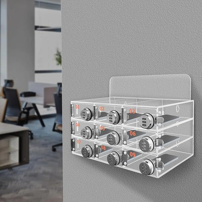 Cell Phone Locker Box 9 Slots Cell Phone Organizer Cabinet with Combination Locks Wall-Mounted Locking Cell Phone Storage Box for Classroom Office,Shool,Office (9 Slots, Wood+Acrylic)