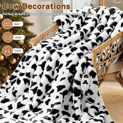 Cow Print Heated Electric Blanket Full Size,72X84 Black Heating Blanket with 10 Heats Levels & 8 Hours Auto Off,Cute Cow Fleece Sherpa Blankets Warmer Gifts for Women Adults,Washable