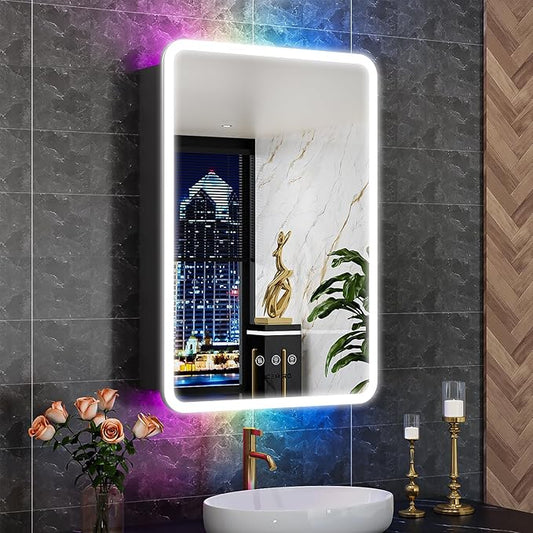 20×32 Inch Lighted Medicine Cabinet with Mirror, LED Medicine Cabinet with RGB Lights, Multicolor Backlit Mirror with Adjustable Front Lighted, Defogger, Memory Function, Surface Mount