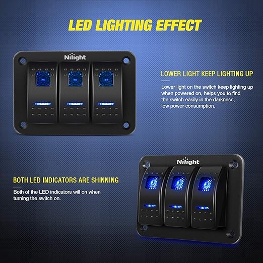Nilight 90017C 3 Gang Aluminum Panel Toggle Dash 5 Pin On/Off Pre-Wired Rocker Switch Holder for Automotive Car Marine Boat, 2 Years Warranty,Blue